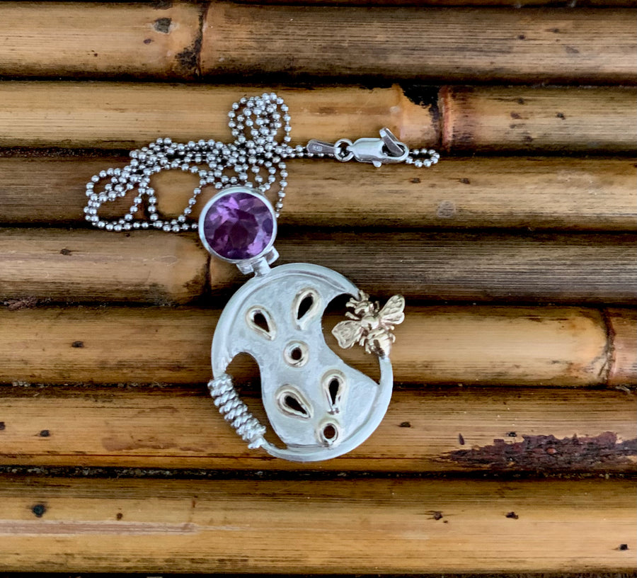 Amethyst Bee Sterling Silver and 14k Gold Pendant