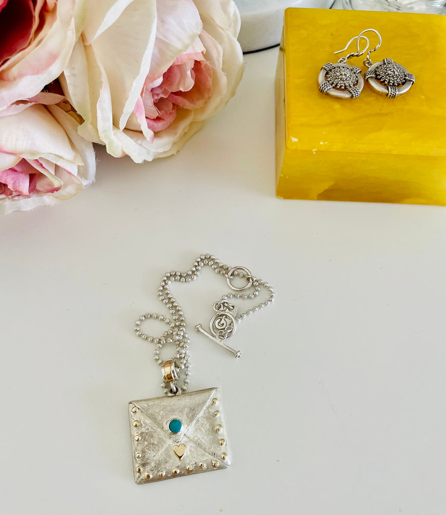 Love Letter - Envelope Necklace Sterling Silver - 14 K Gold Yellow - Turquoise